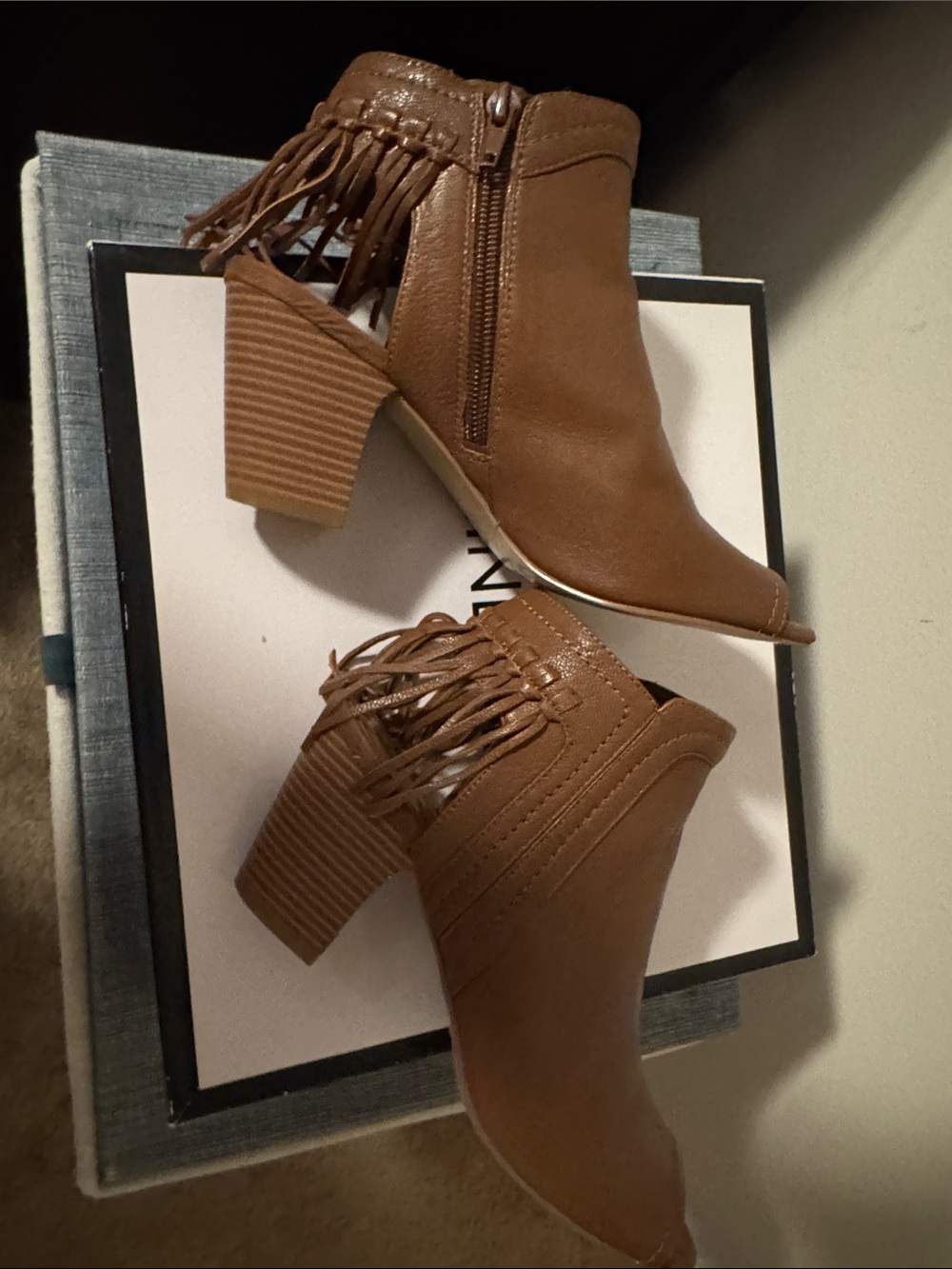 Nine West jalapeño cognac Leather Peep-Toe Fringe Mules
